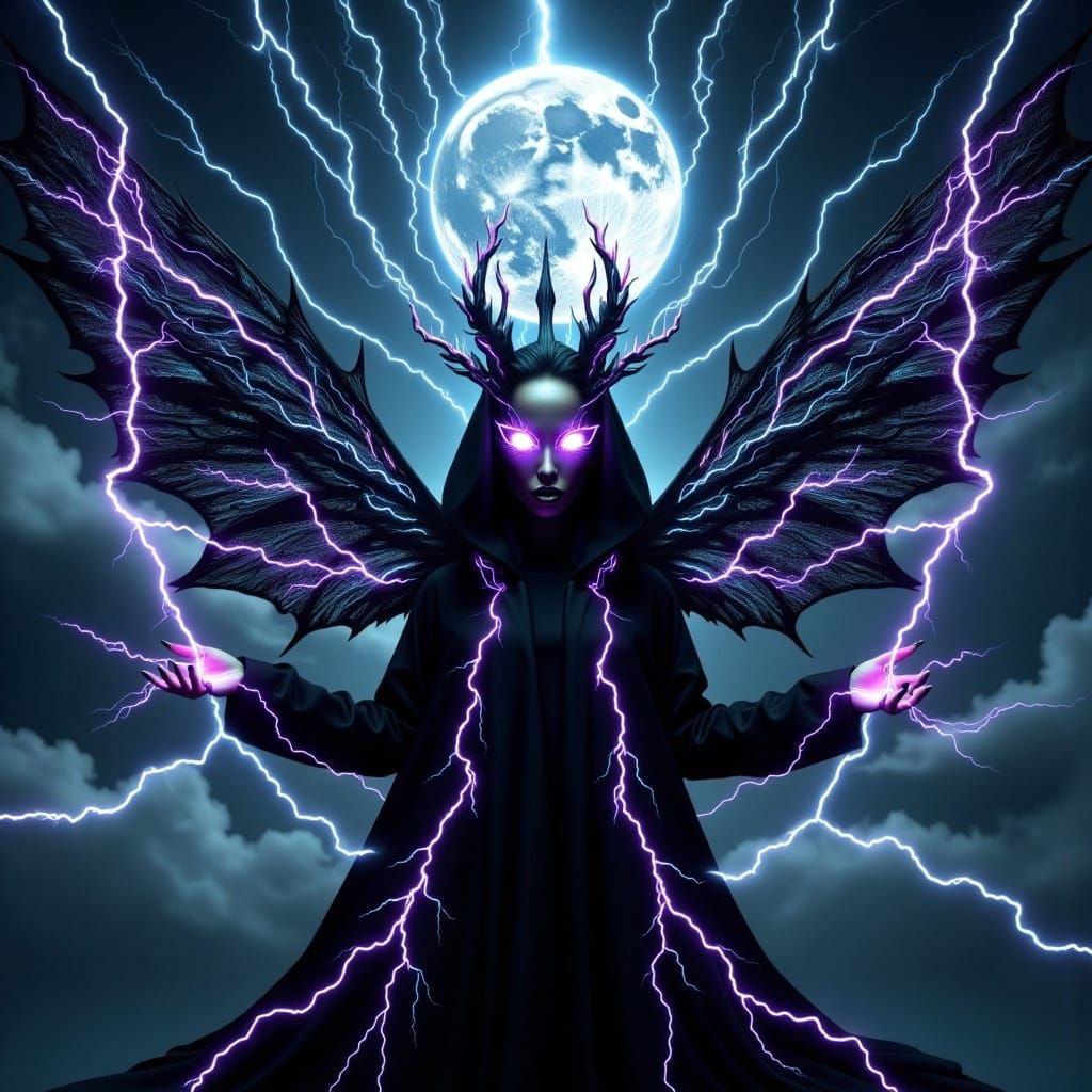 <lora:Electrifying:1.0>A dark fairy, evil, electrifying, with black wings, neon, creepy, night