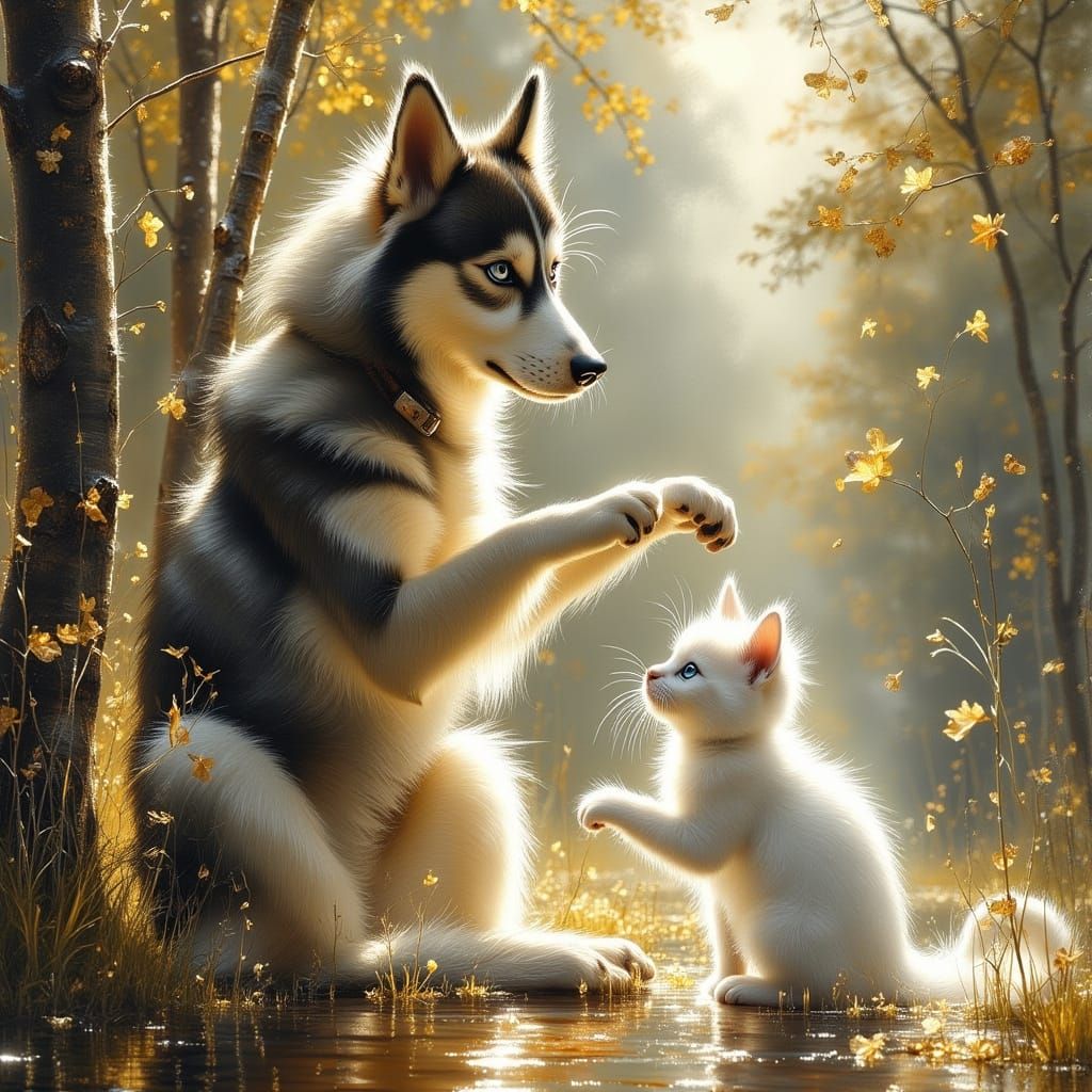 Husky Plays With Kitten in Dreamy Digital Oil Paints