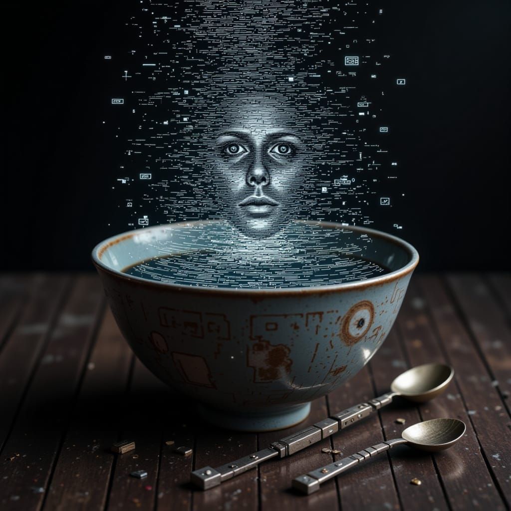  <lora:Cyberpunk Style:1.2>

The Static-Soup

Visual: A bowl holding what appears to be captured television static, crackling and shifting e...