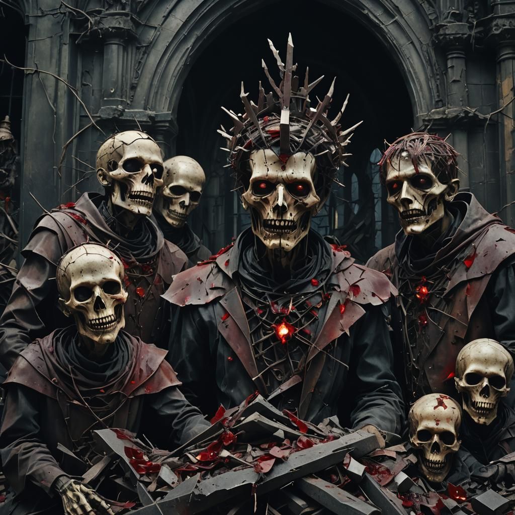 Surreal Shattered Idol Workers in Dreamlike Gothic Setting