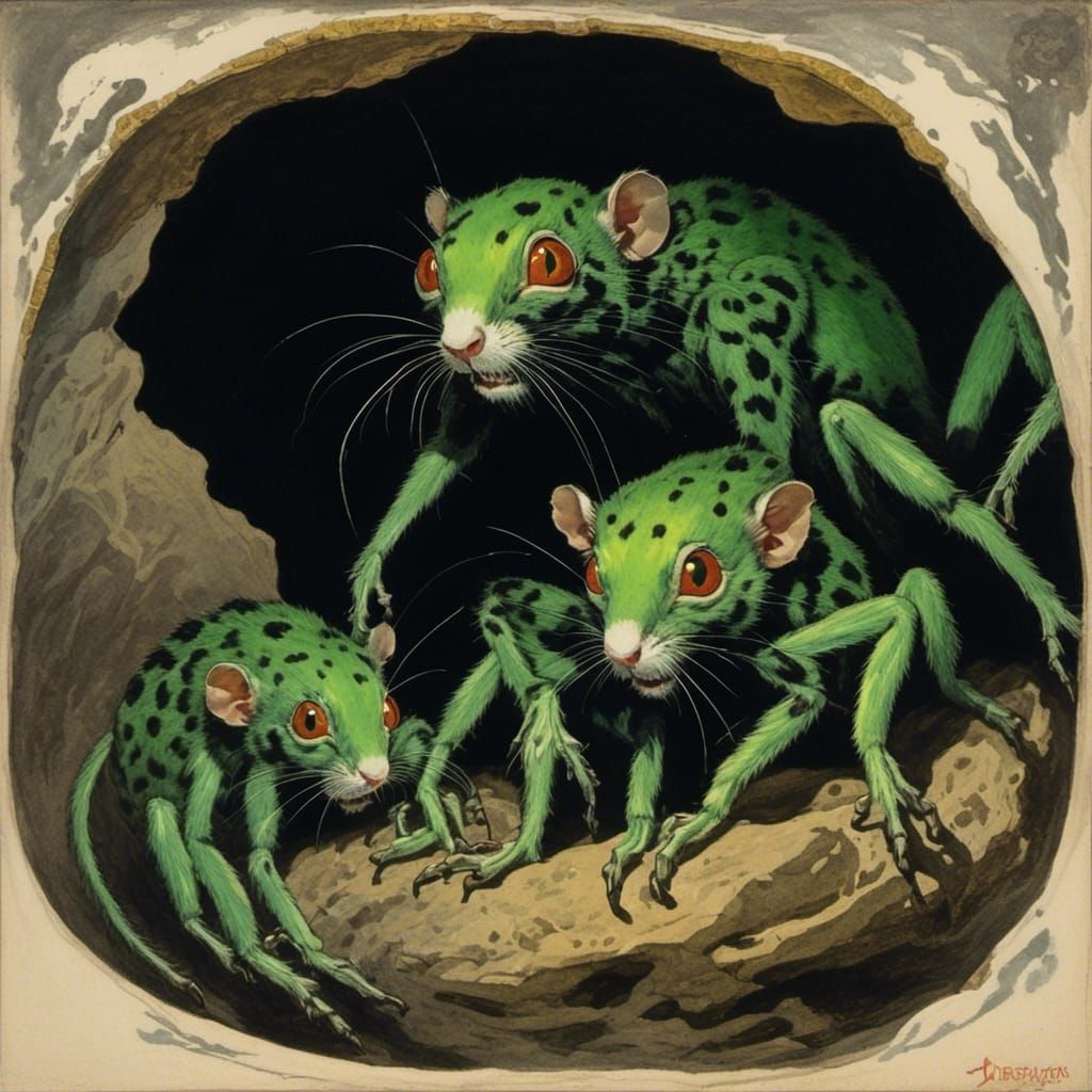 <lora:Chimera Savage:1.0> Black Spider squirrels with multiple glowing green eyes in a dark cave surrounding a white sihouette of a woman 