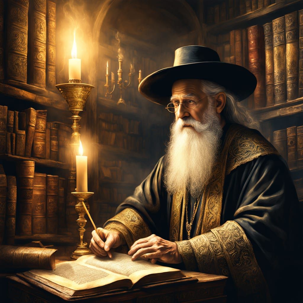 Wise Rabbi in Ancient Study: Rembrandt Style Oil Painting