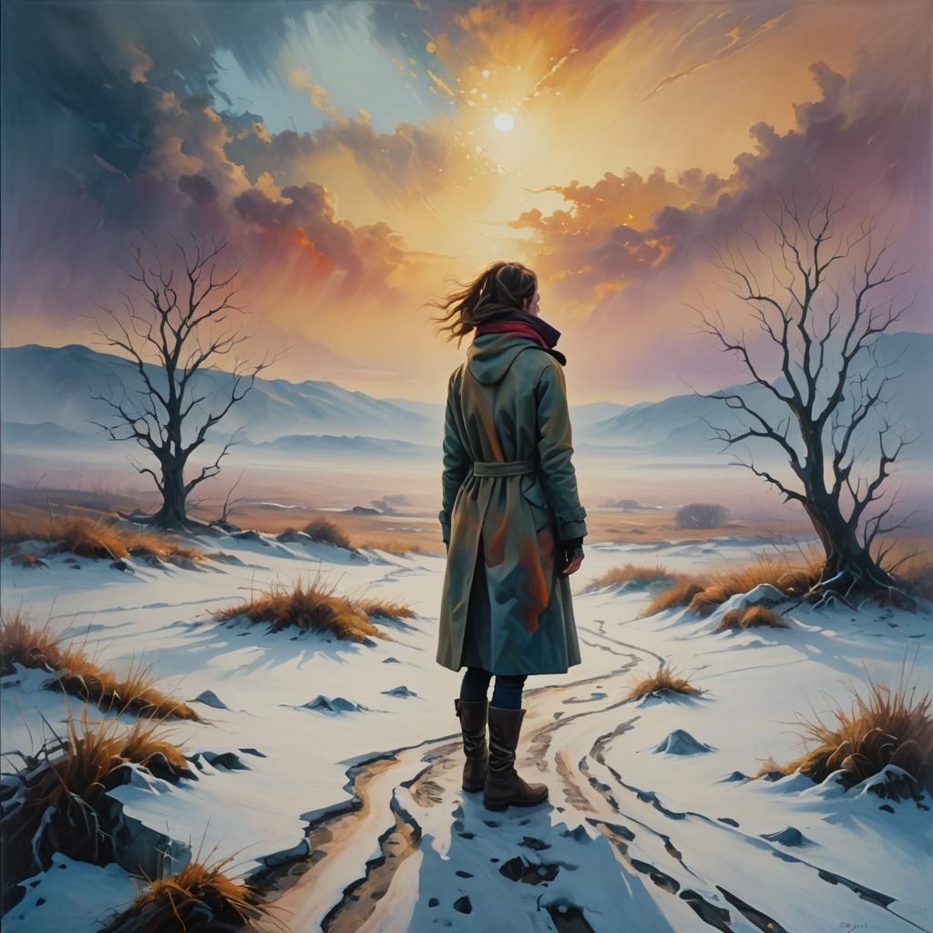 Woman in Winter Landscape: Surreal Oil Painting
