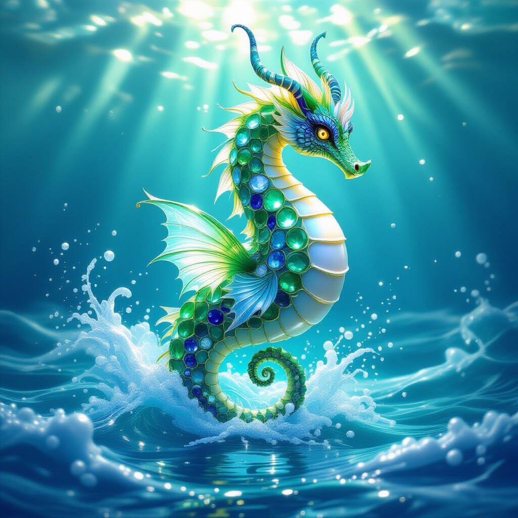 Mythical Sea Creature of Glass
A majestic mythical creature — part dragon, part seahorse — crafted from polished ocean glass in every hue: e...