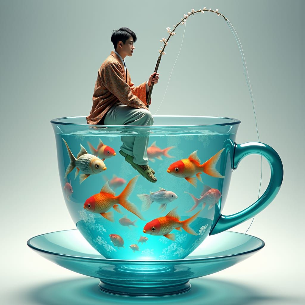 a man sitting on the side of a teacup fishing for big fish see through cup you can see the fish swimming around
