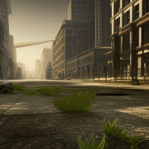 A deserted city, empty buildings, vegetation, trending on ar...