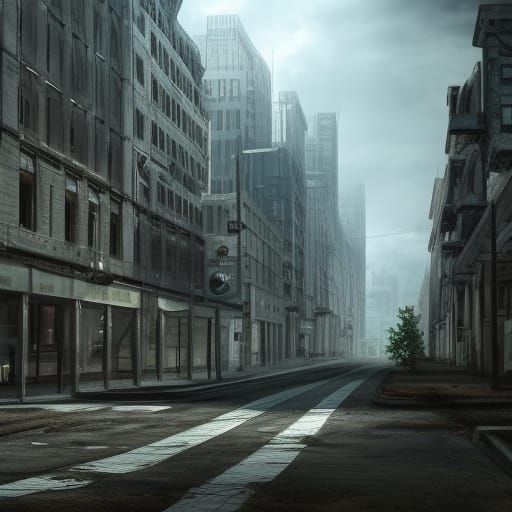 A deserted city, empty buildings, vegetation, trending on artstation, high detail, high definition, high quality, photo-...