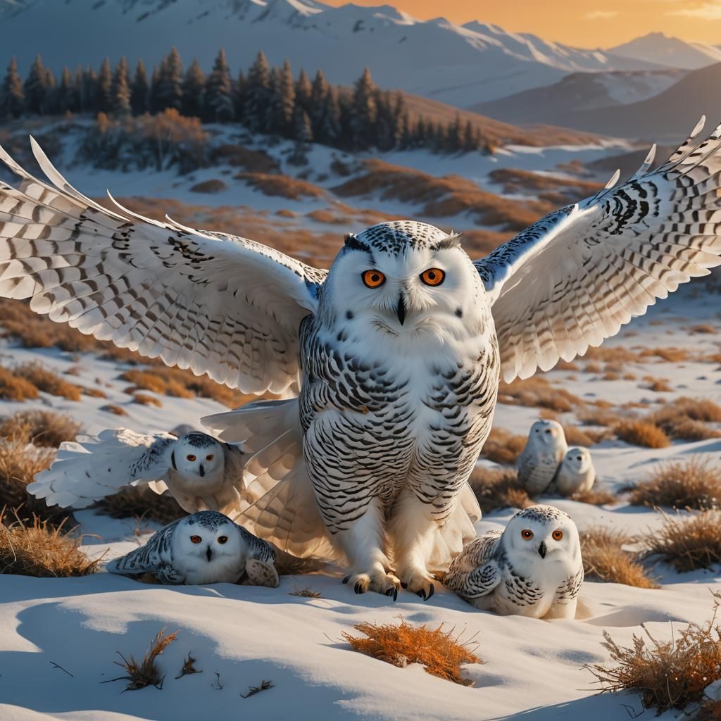 A mother snowy owl with her cubs  by @undefined
