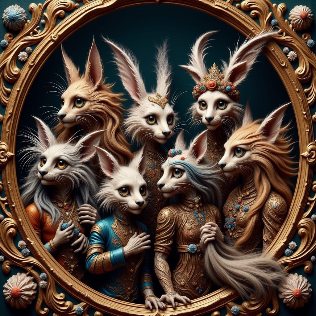 <lora:-Lunatic-:1.0> <lora:Terra Flux:1.0> <lora:SumnerVision2:1.0> <lora:Abstract Reality:1.0> Dressed up, Decorated, hairy things, in a si...