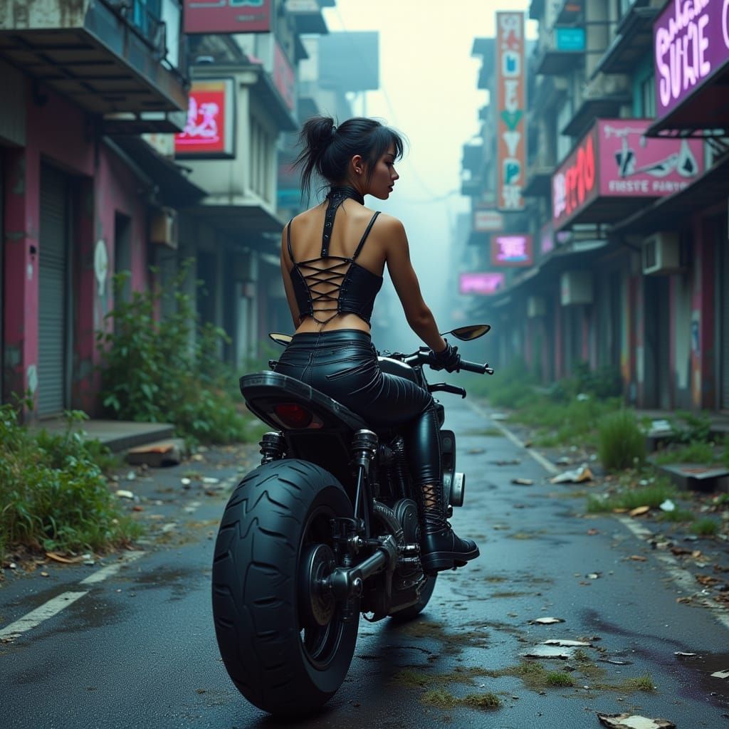 <lora:Double Photoreal v2:1.0> A tall young woman rides a baloon-wheel motor-cycle through a deteriorating futuristic cityscape. She wears a...