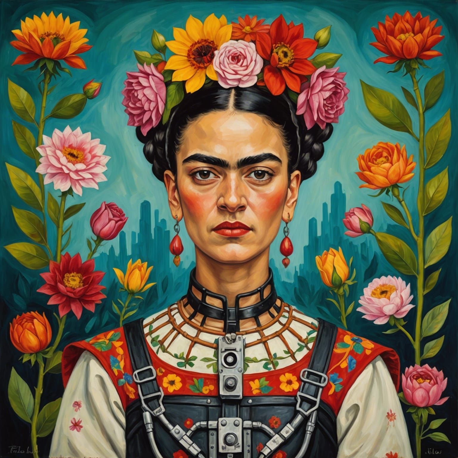 Frida Kahlo In Painful Exoskeleton. She Looks Brave. Flowers In Her 