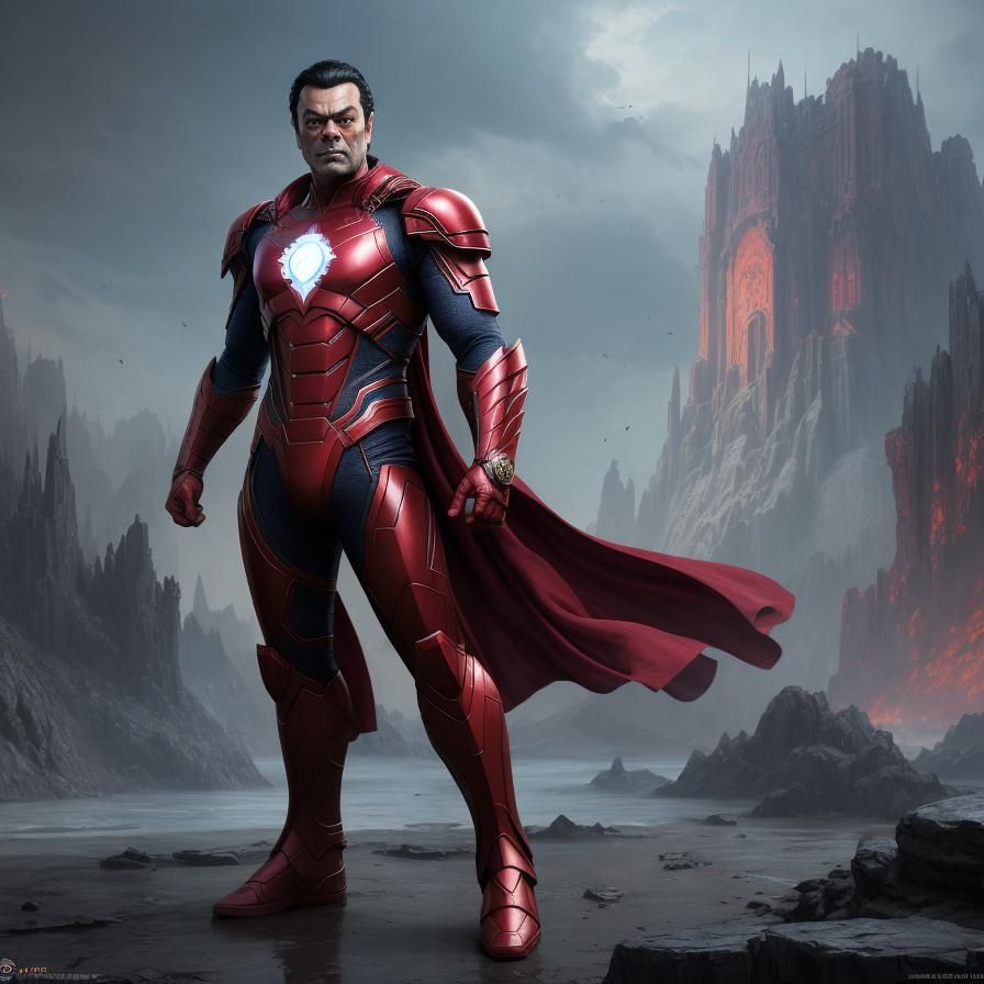 Bobby deol as superhero with clean shave dark red armour full body and fully detailed