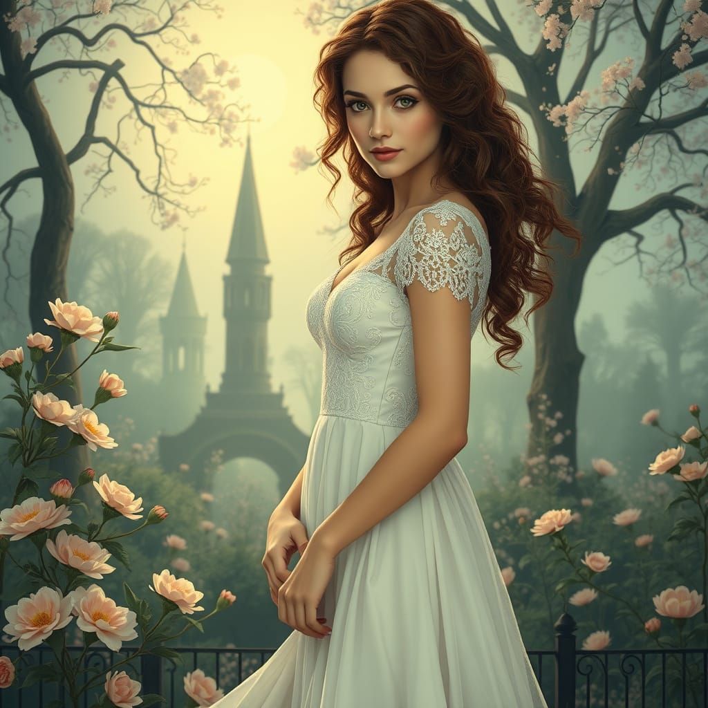 Ethereal Beauty in a Dreamlike Garden Scene