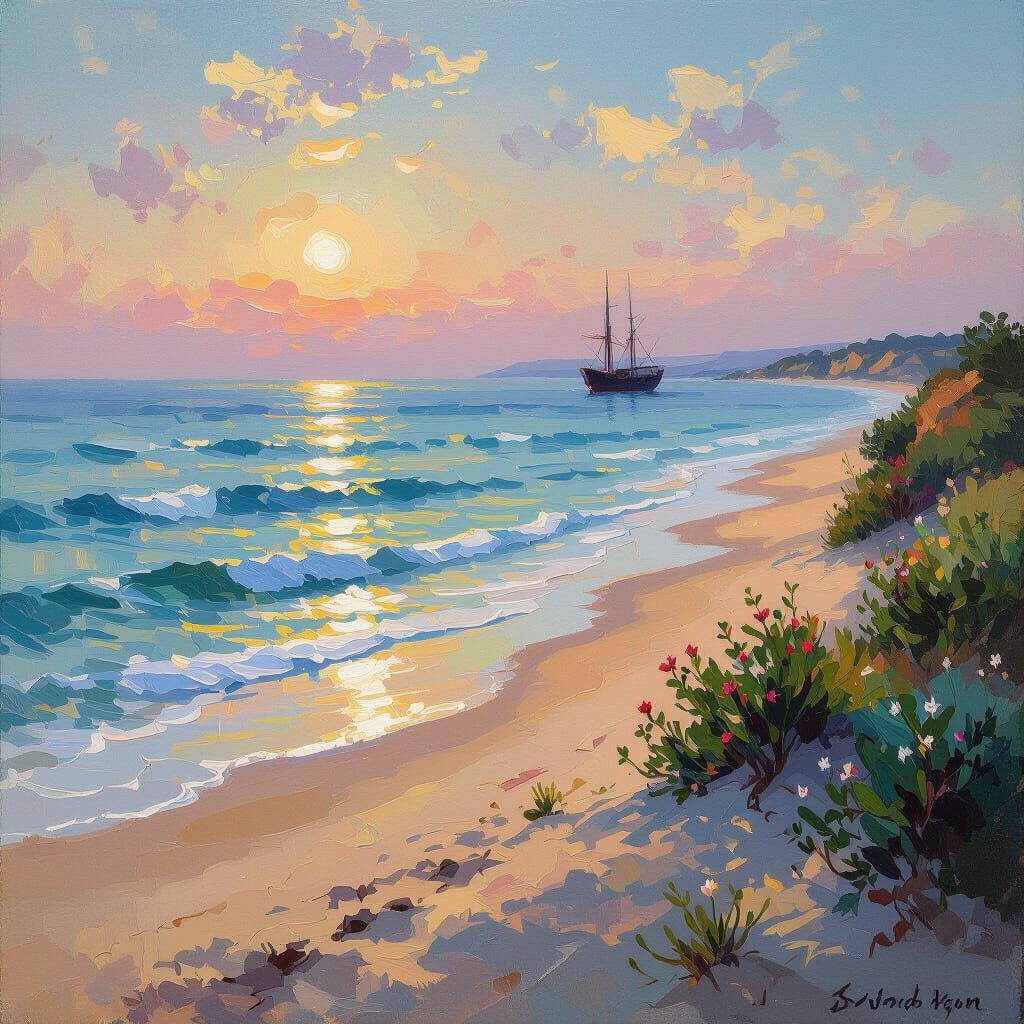 Stepping into infinityOil painting of beautiful Morning Sandy beach. Soft waves in ocean ship in distant horizon, sun rising, bushes with sm...