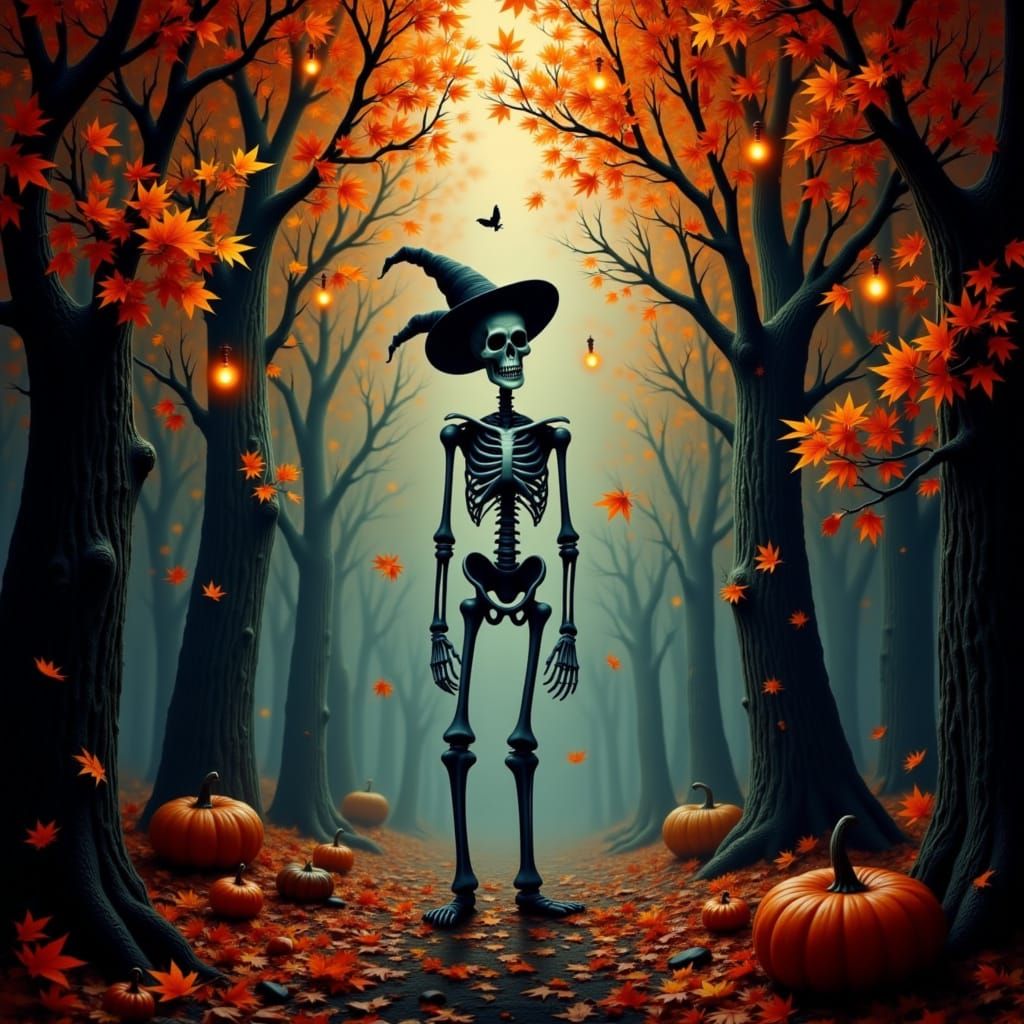 <lora:Spooky Skeletons:1.0> Halloween  skeleton   in autumn environment environment
