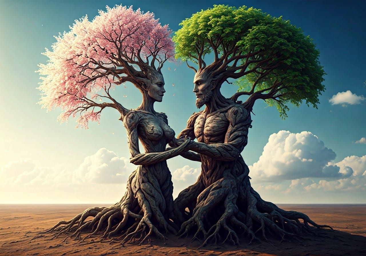 A captivating surreal artwork featuring a mesmerizing fusion of human and nature. A male and female tree ...  by @GeoPepito