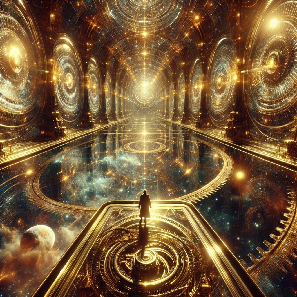 Inside a vast Theo‑Mechanical Vault of Astral Civilization, a lone figure stands on a suspended bridge of brass and glass, gazing into an en...