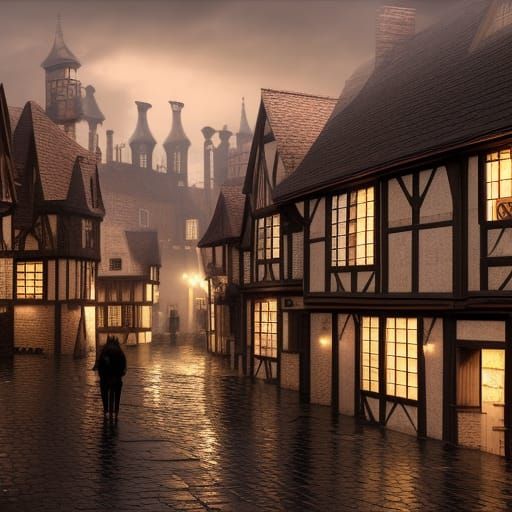 tudor houses in a row cobbled streets medieval peasants with hoods up in the rain raining medieval city ...  by @Johnny_New_York