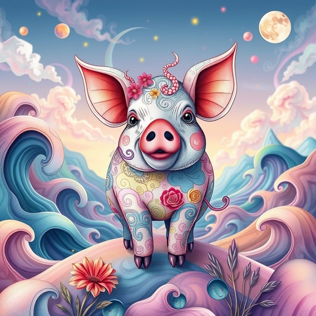 Dreamy Pigman in Zentangle Patterns and Kidcore Colors