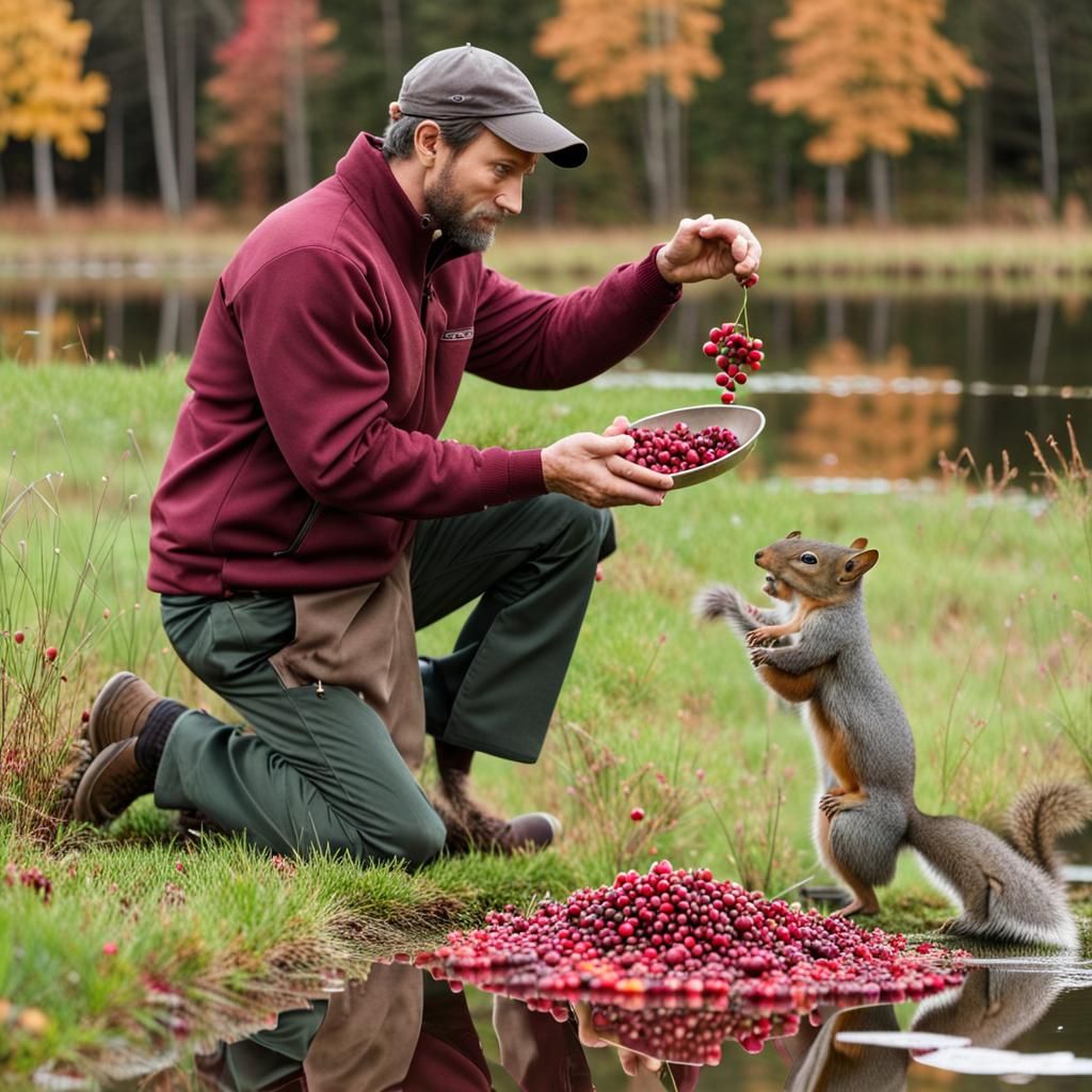 a male famer tosses a cranberry to a squirrel that is sitting on the