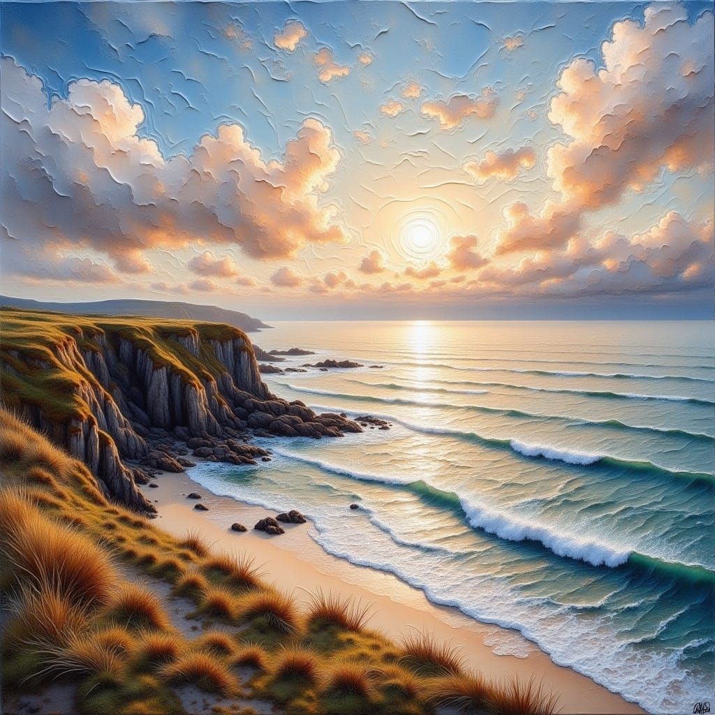 <lora:Oil and Glory Flux:1.0>  Thick textured Impasto. Cornish beach viewed from cliffs. Impasto clouds, sunset 