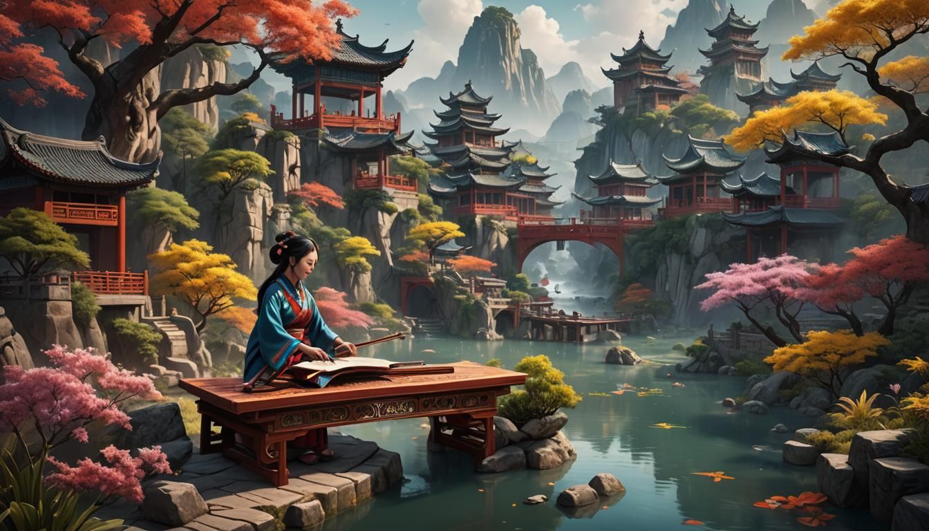a beautiful colorful china  panaromic view landscape. a fema...