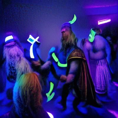 norse gods dancing at a blacklight party