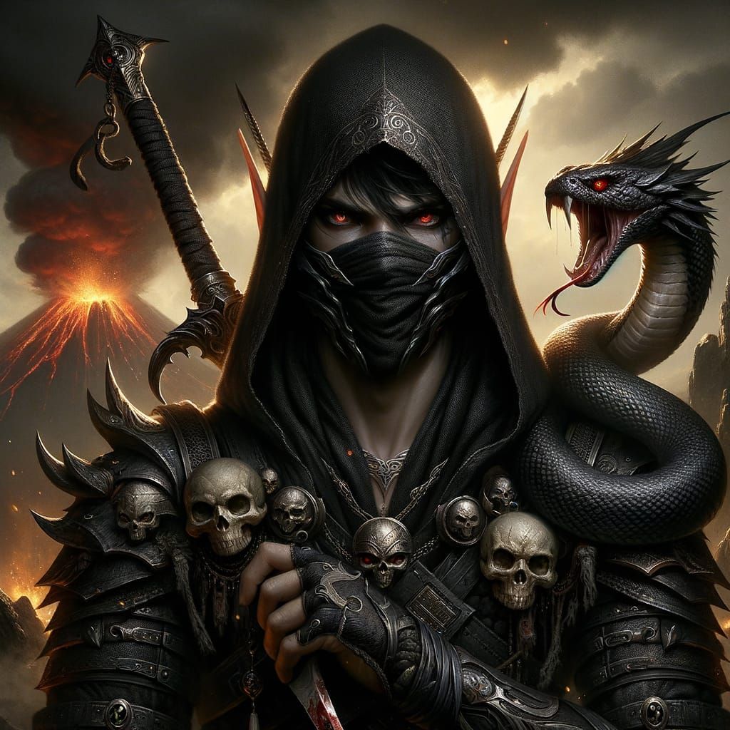 night elf assassin, black ninja mask and cloak, bloody and sharp hook ninja weapons, red eye,  the other eye is missing, dragon scales and l...