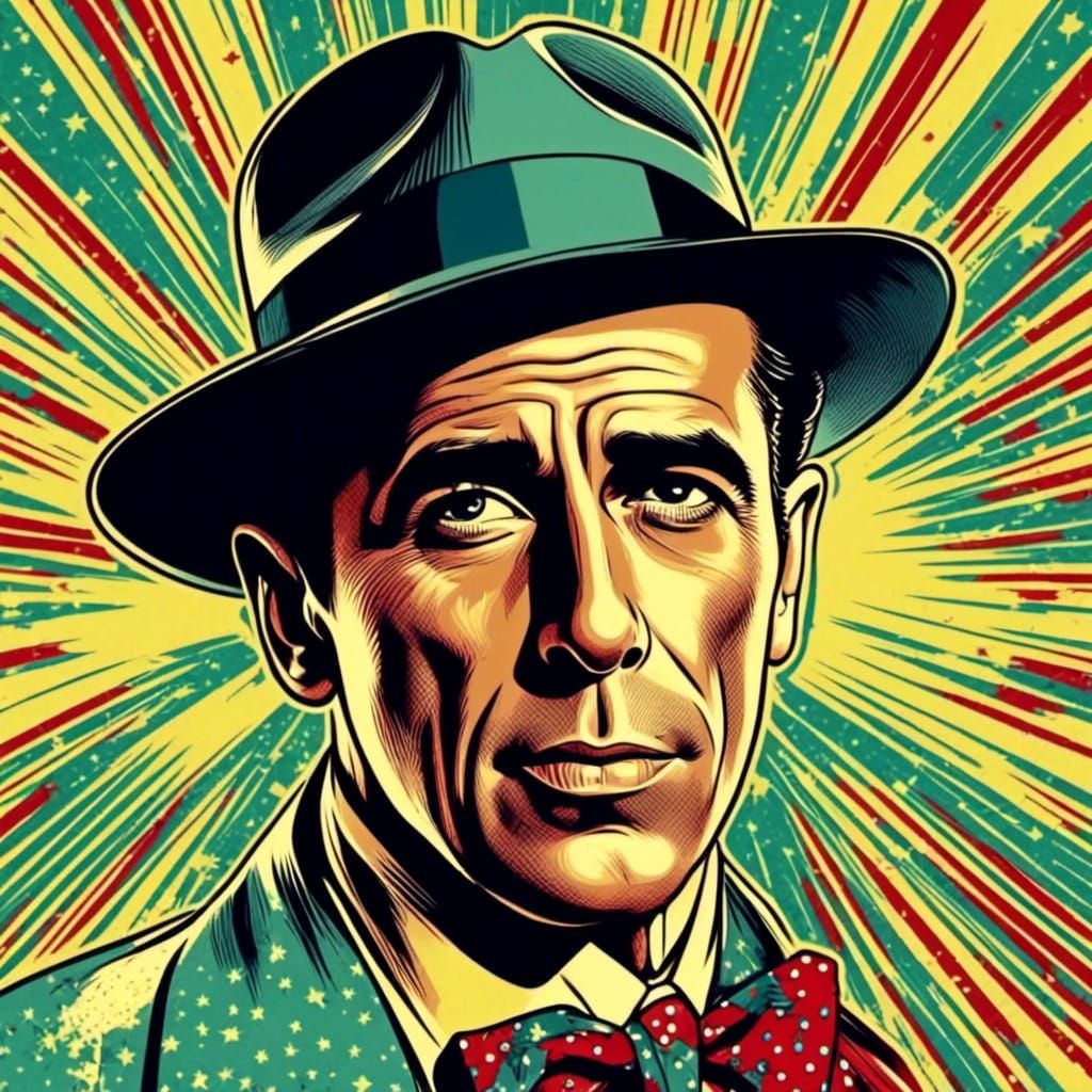  <lora:40s pop fusion:1.0>1940s Humphrey Bogart in pop art style 