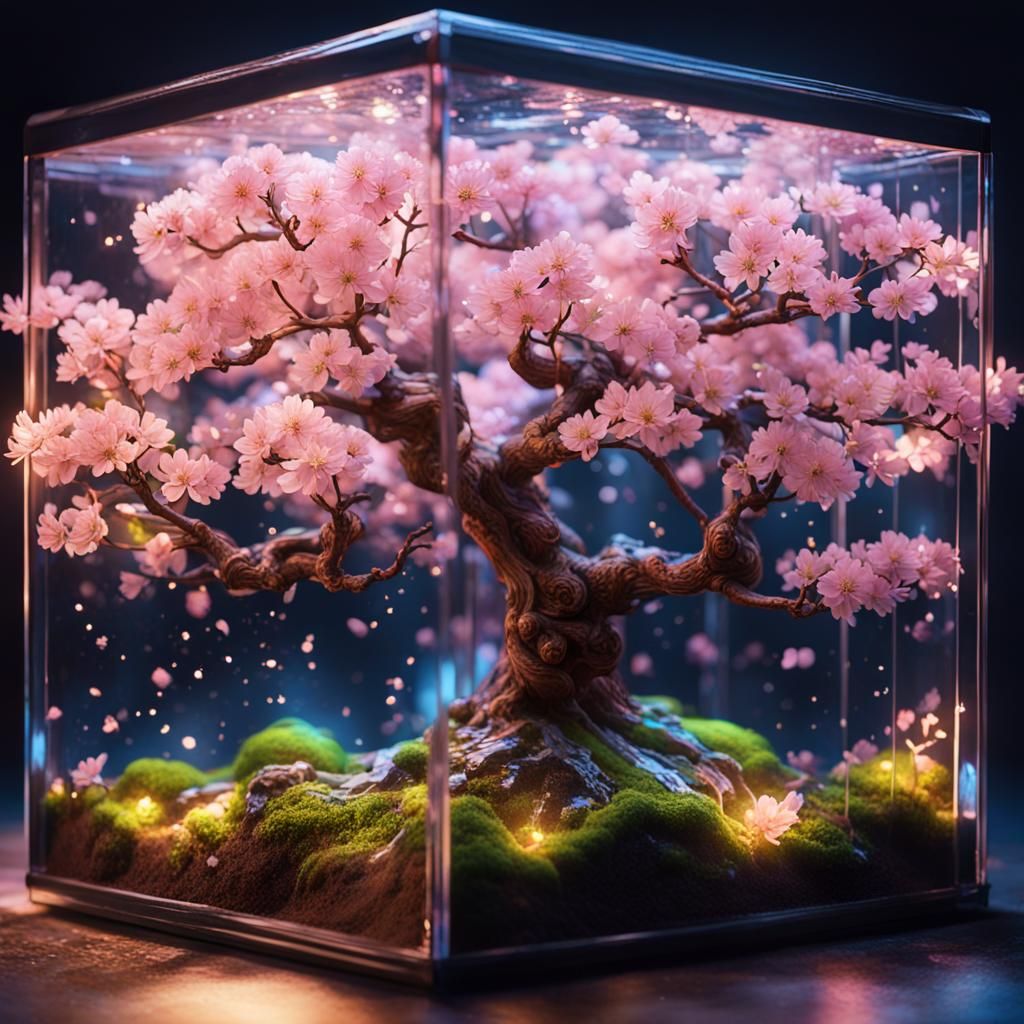 (scenic close up of a beautiful luminous sakura tree inside ...