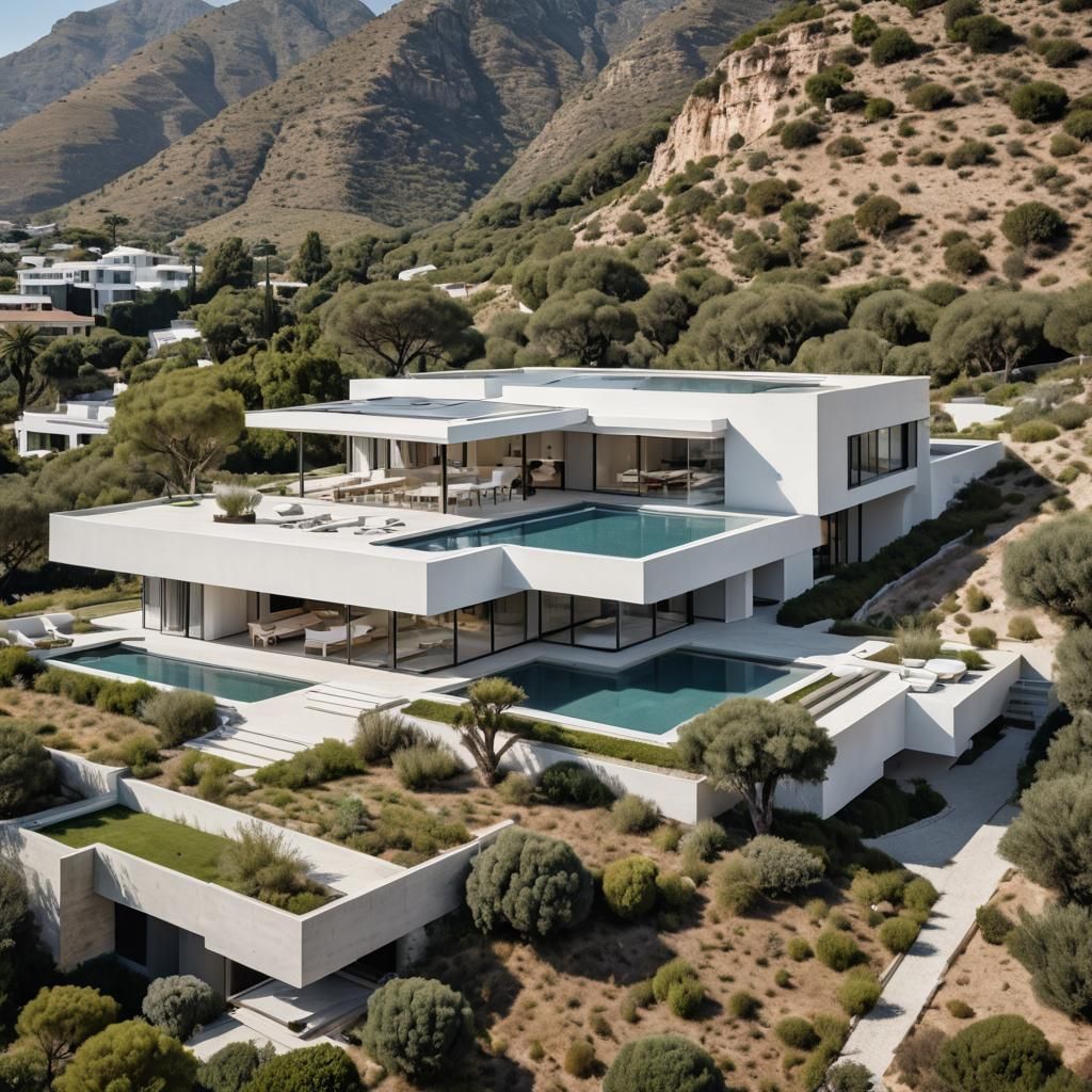a big low white one-storey villa with a flat roof in the sty...