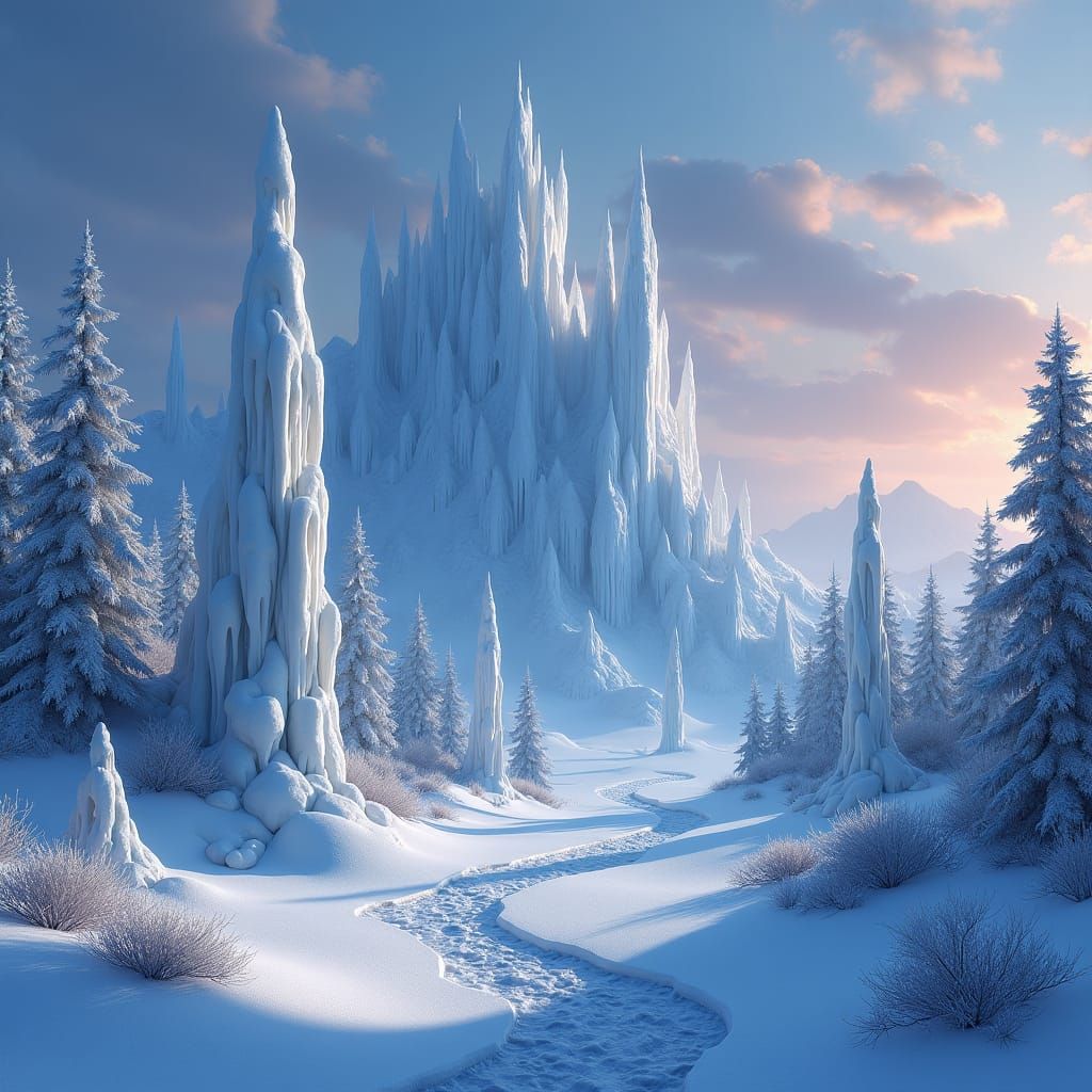 Mystical Snow Realm in Ethereal Matte Painting Style