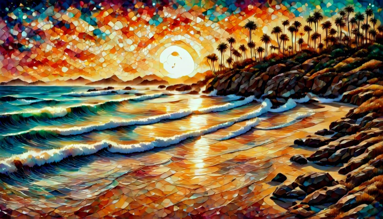 a lovely sunset at a beach with a few trees in distant view, stained