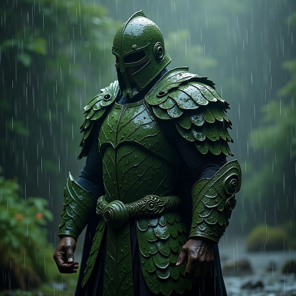 a warrior clad in leaf-stone armor stands firm