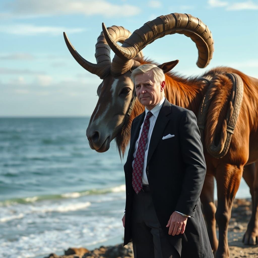 Elegant Leader Surrounded by Majestic Markhor in Hyper-Reali...