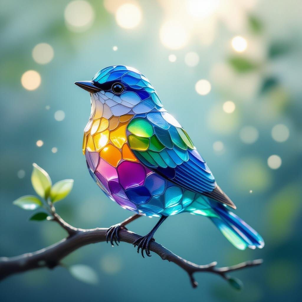 A delicate, artistic sculpture of a bird made from colorful sea glass. The bird sits gracefully on a ...  by @Elviira 