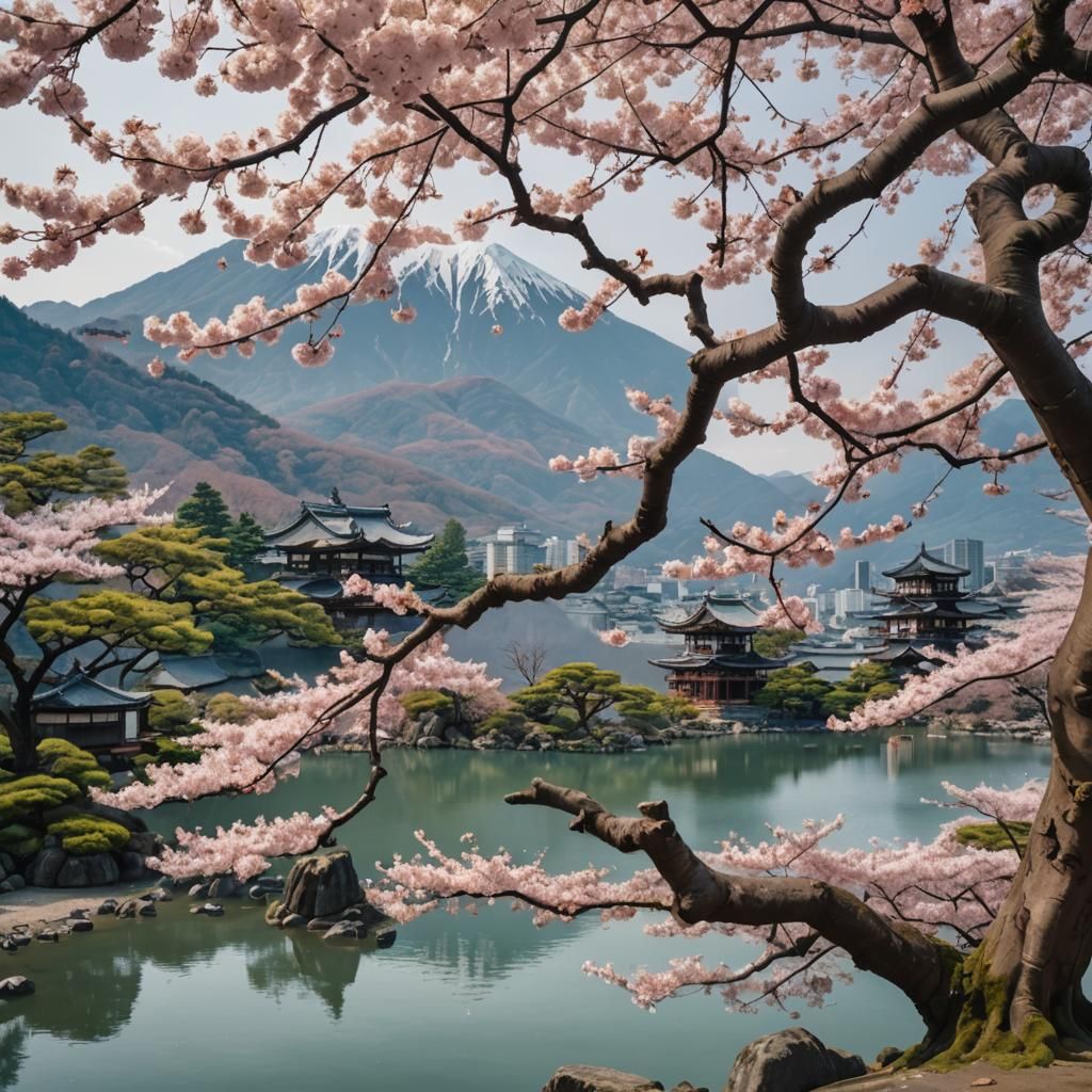 A beautiful ancient sakura tree in front of a lake. Mountain...
