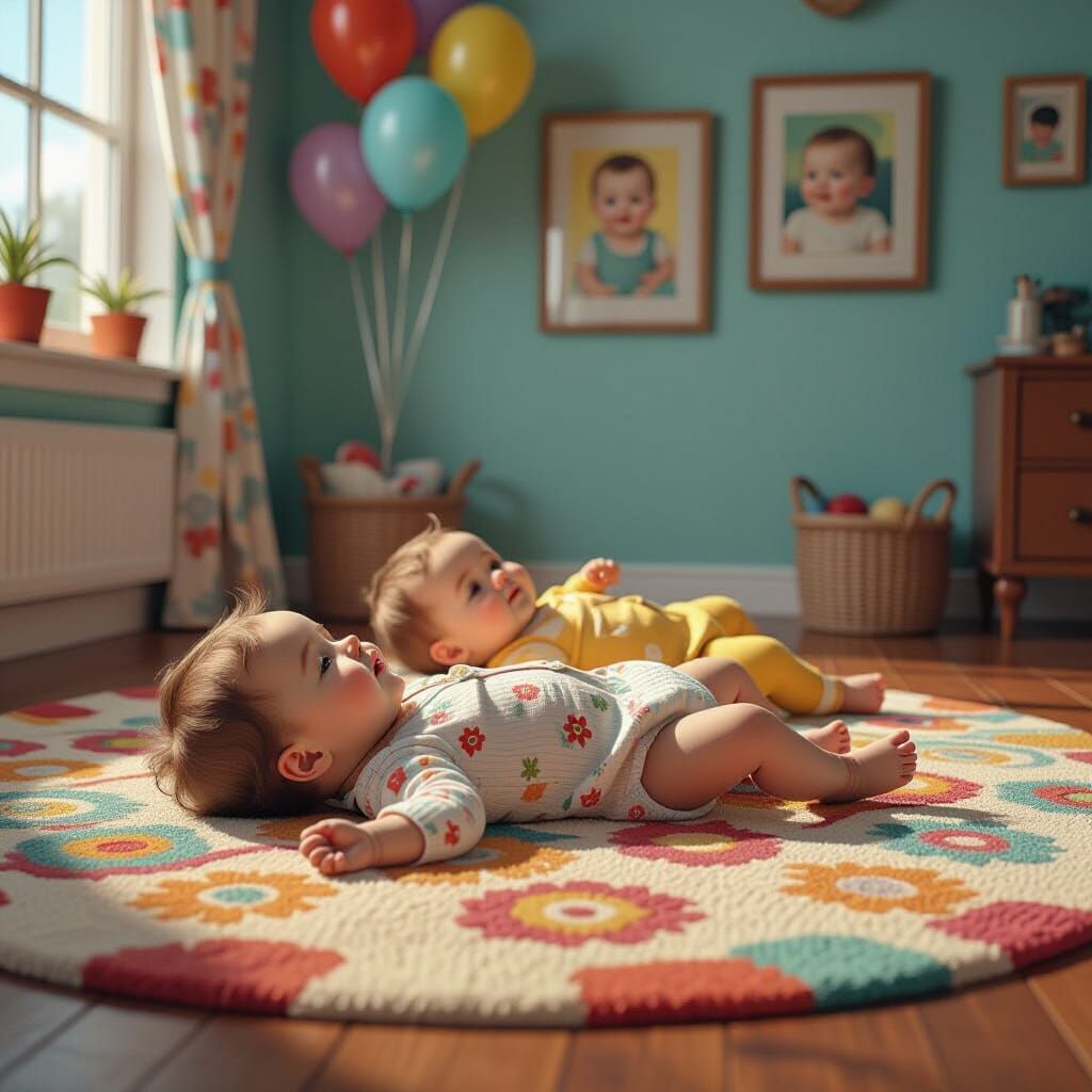 Infants in Colorful Room as Hyperrealistic Splash Art