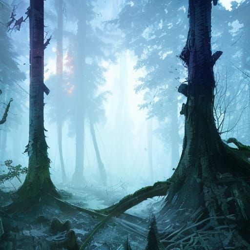 Destroyed foggy snowy beautiful forest.