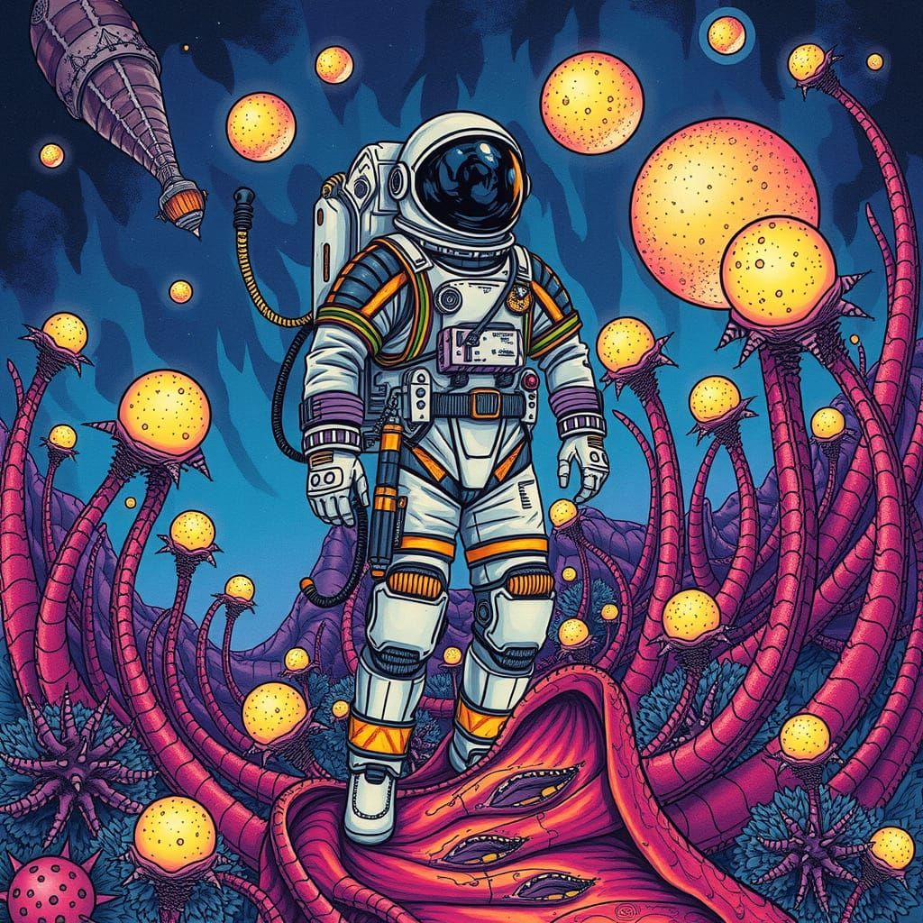 Astronaut on Alien World in Zentangle Style