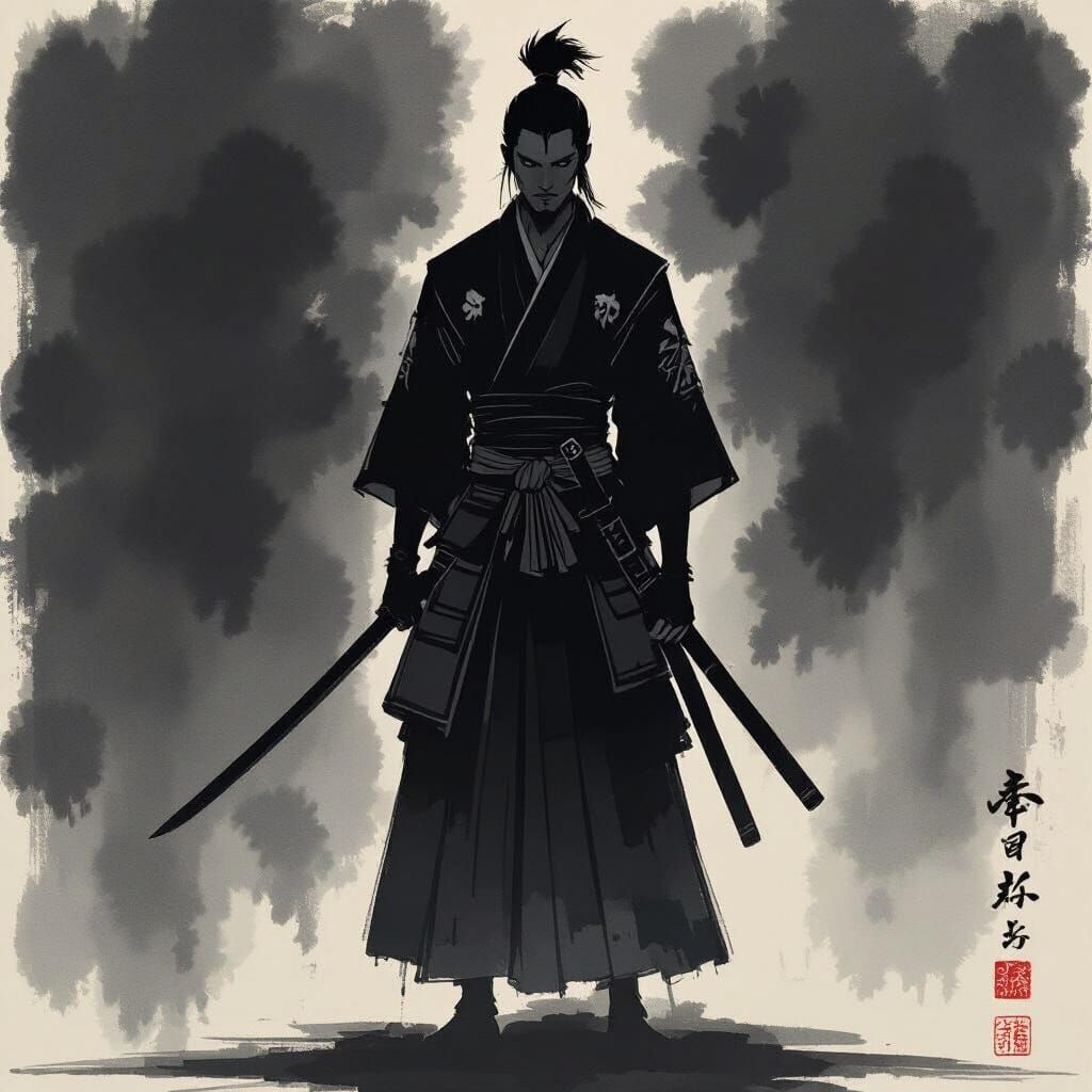 Samurai Silhouette in Japanese Ink Wash Style