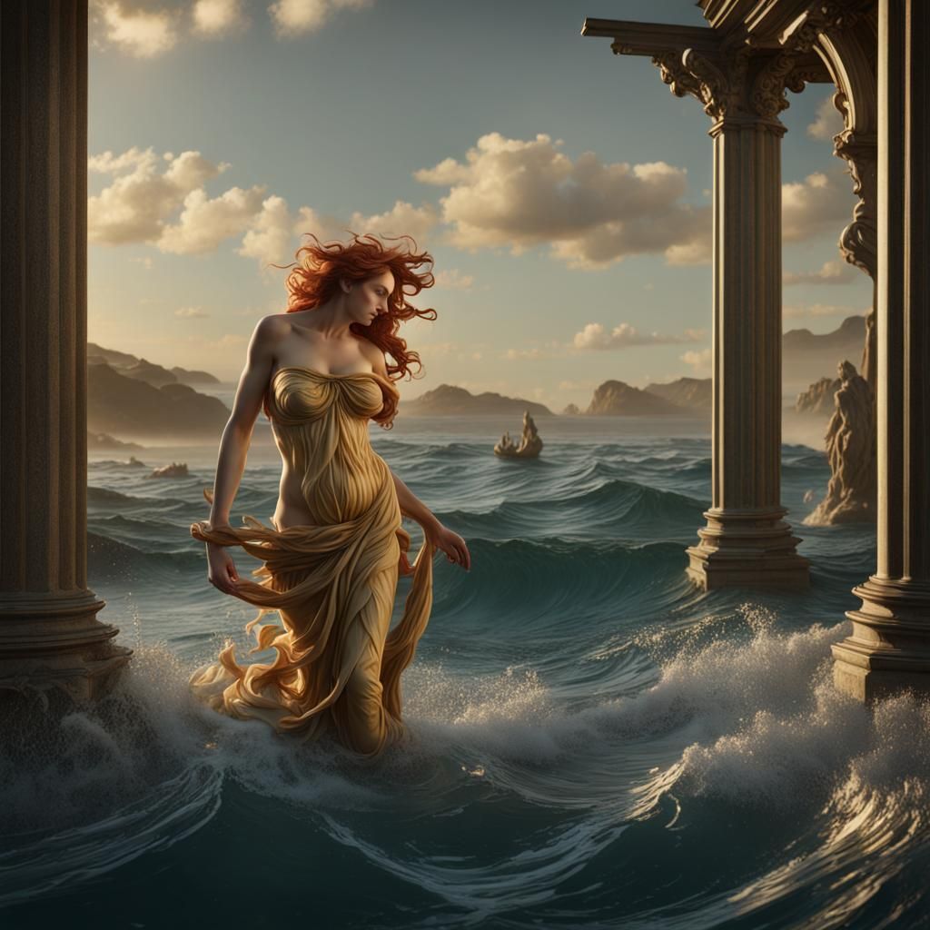 Ageing Venus of Botticelli in the ocean