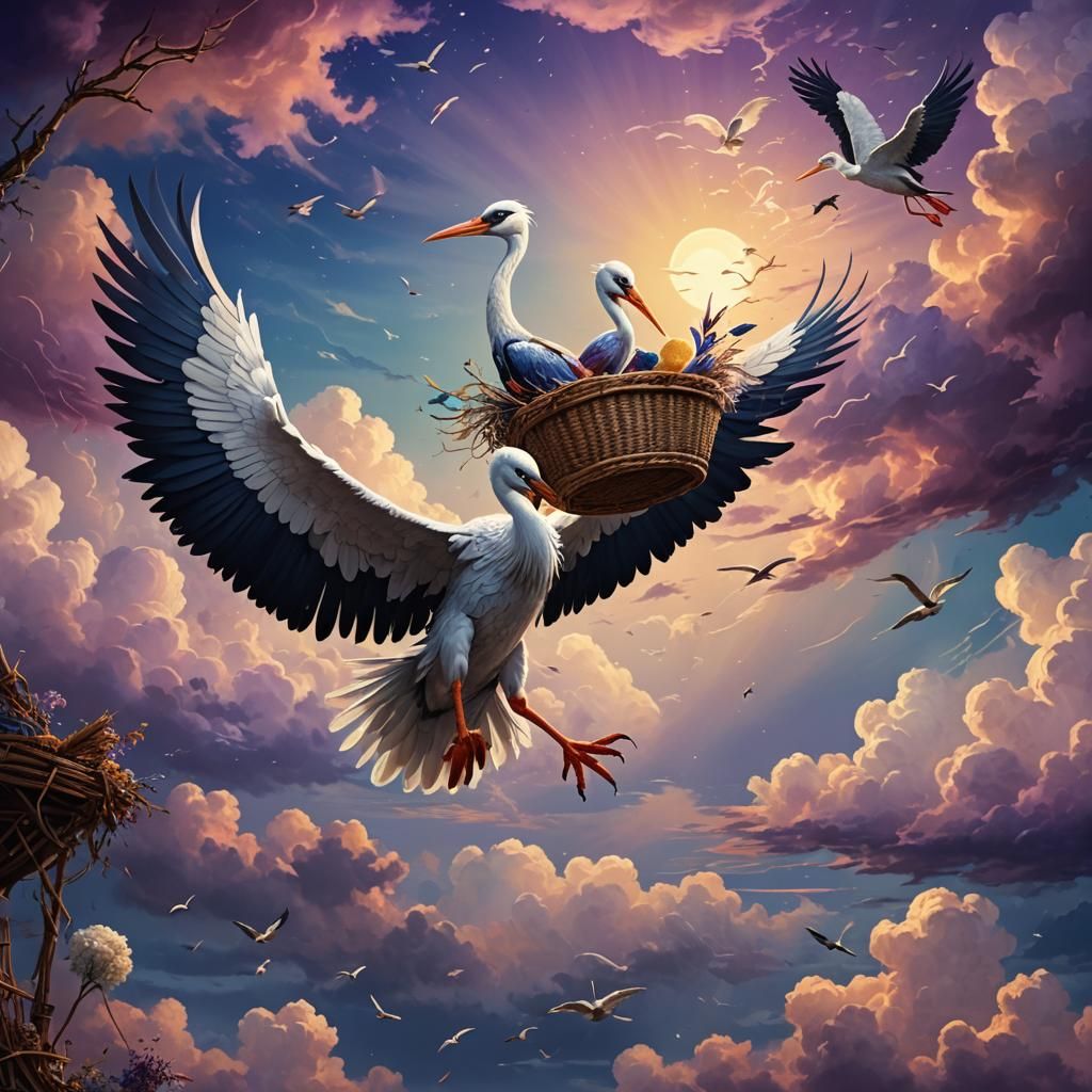Stork Delivering Baby in Fantasy Landscape