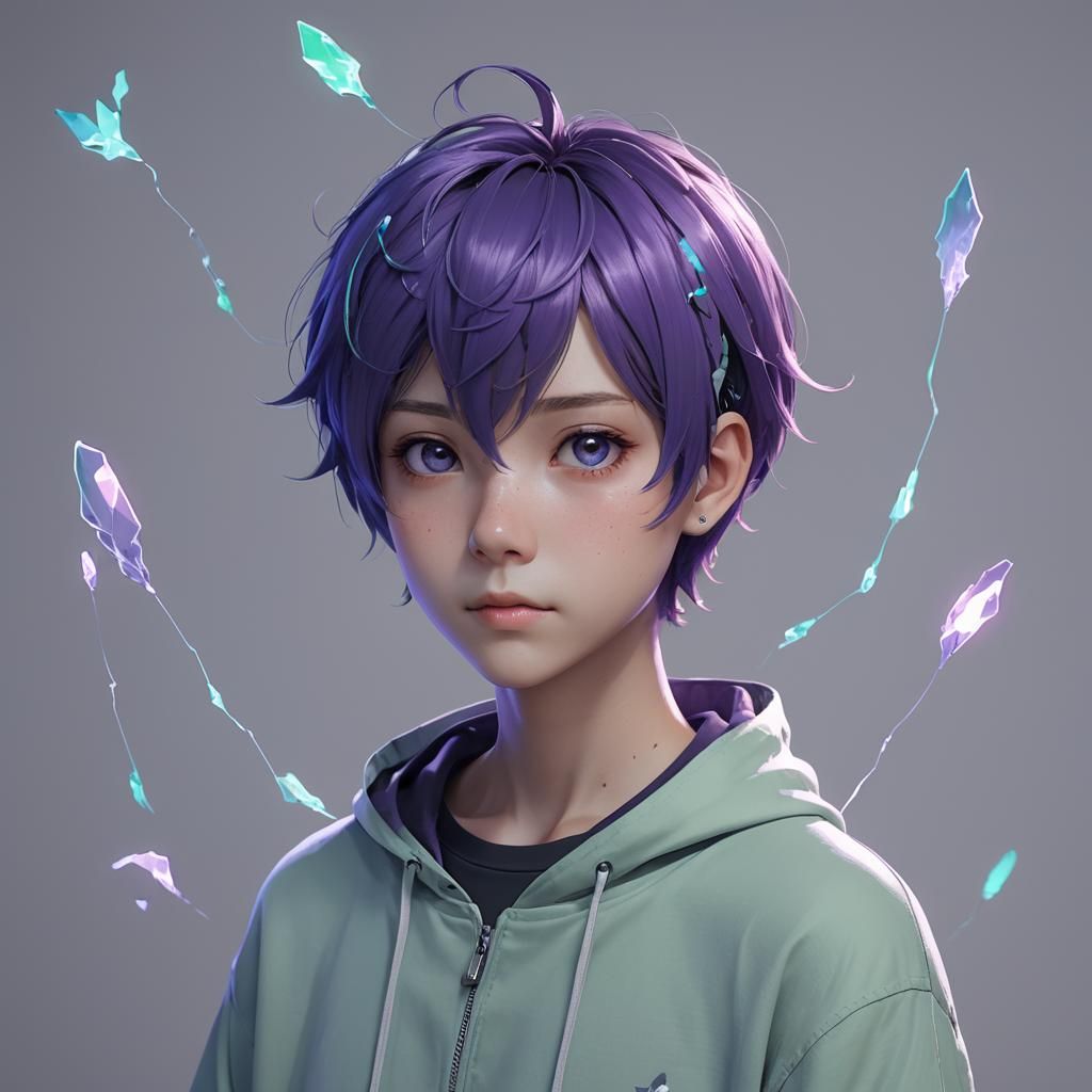 ghost, boy, purple, blue, green, antennae, short hair.