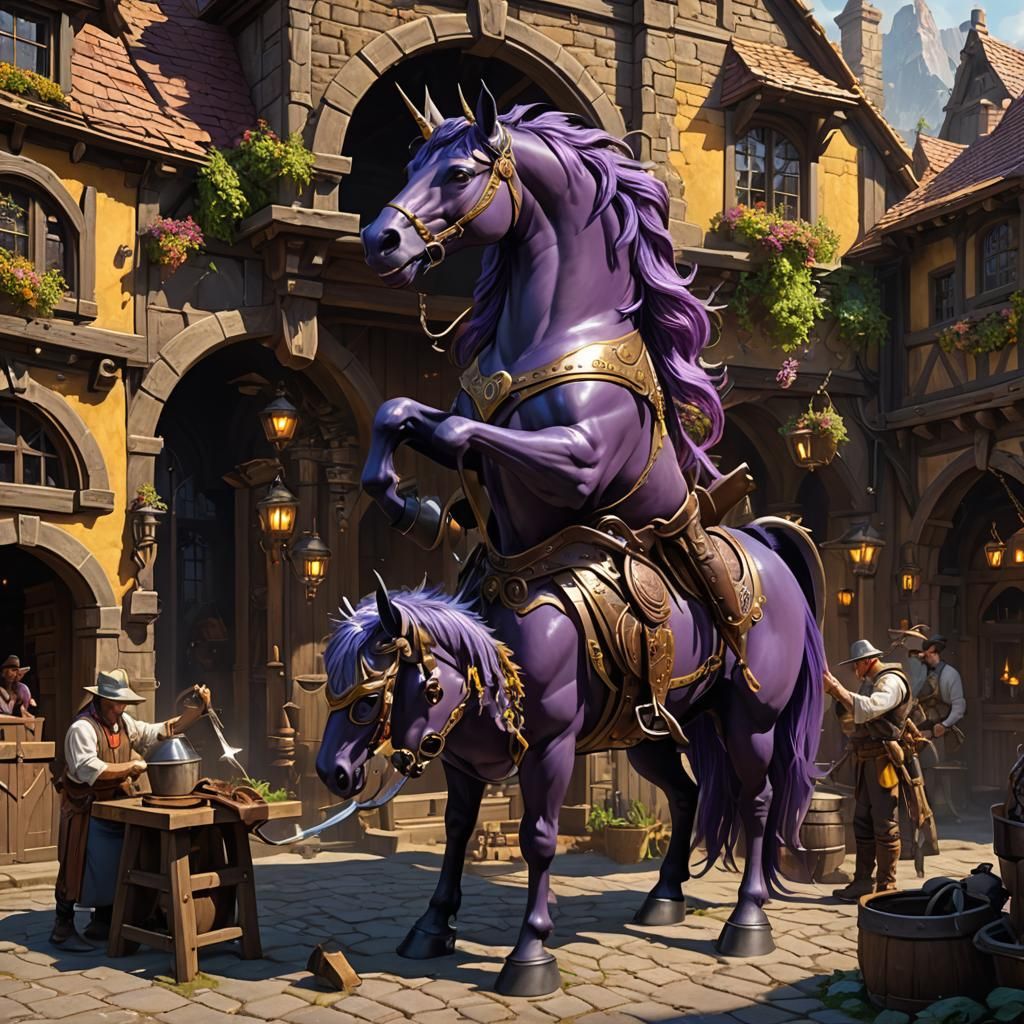 lizard blacksmith putting horseshoe on unicorn in western vi...