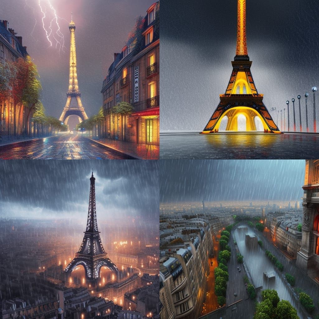 Paris tower Tour de France rainstorm 3d