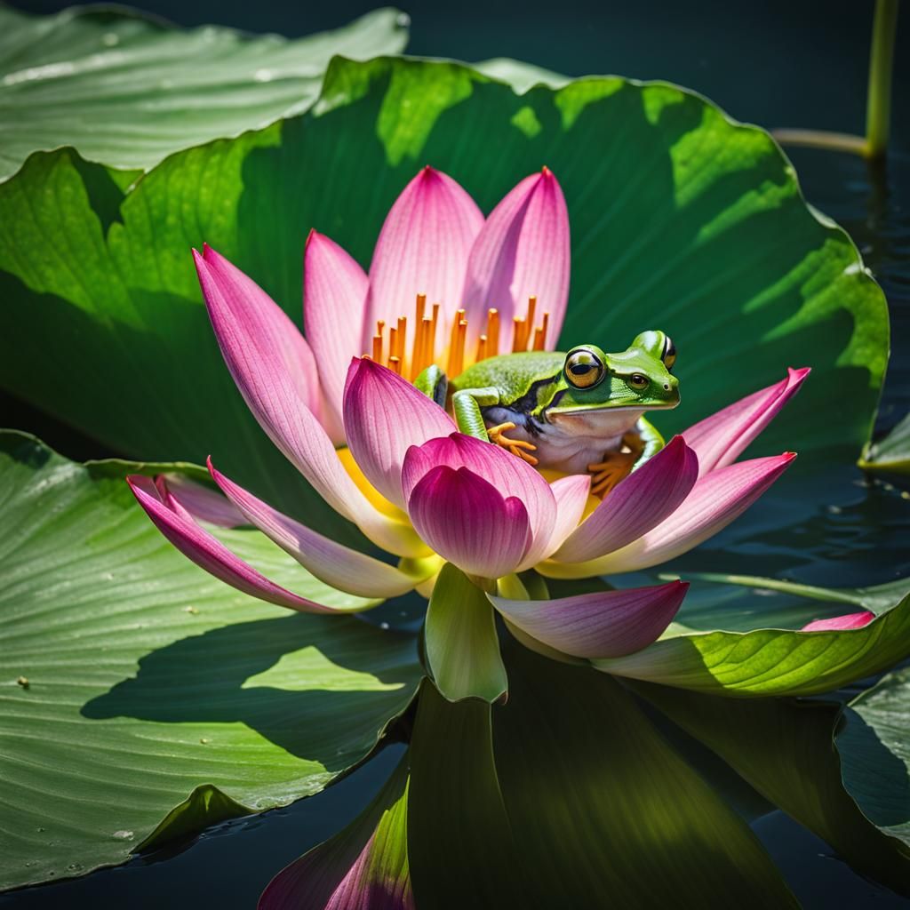 green frog on a flowering lotus, on a verdent beautiful nile...