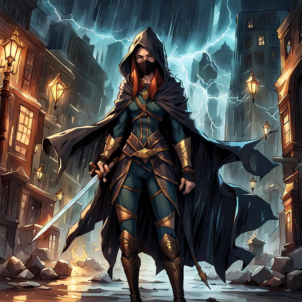 High Elf Rogue in Stormy Street Scene