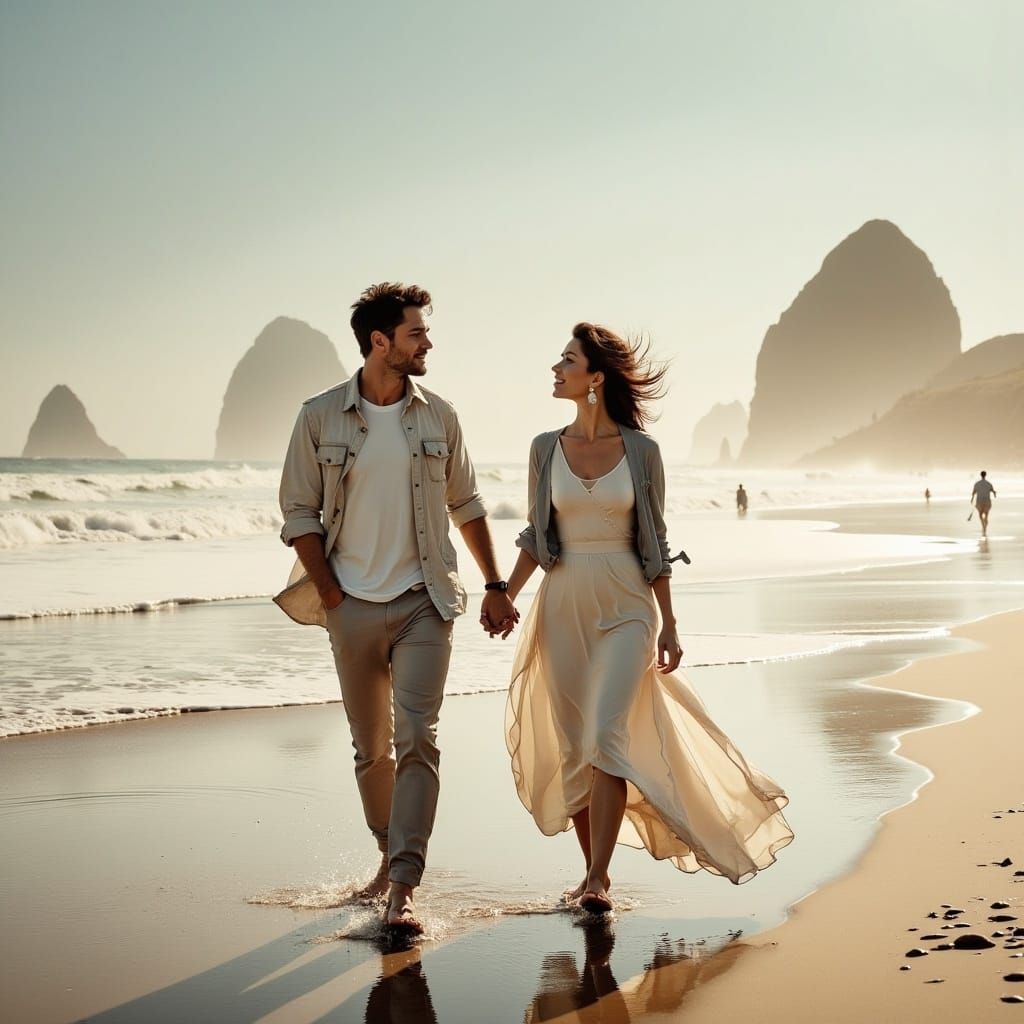 <lora:cuteNcreepy Flux:1.0>  A man and a woman holding hands walking on the beach
