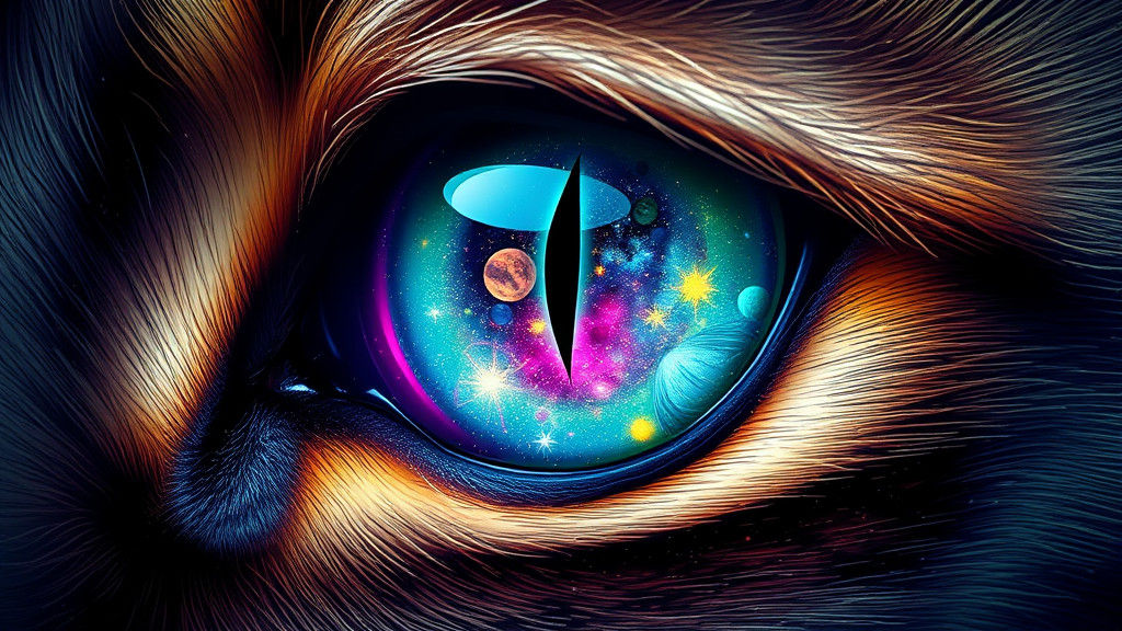 "An extreme close-up of a cat's eye reflecting a glowing galaxy."